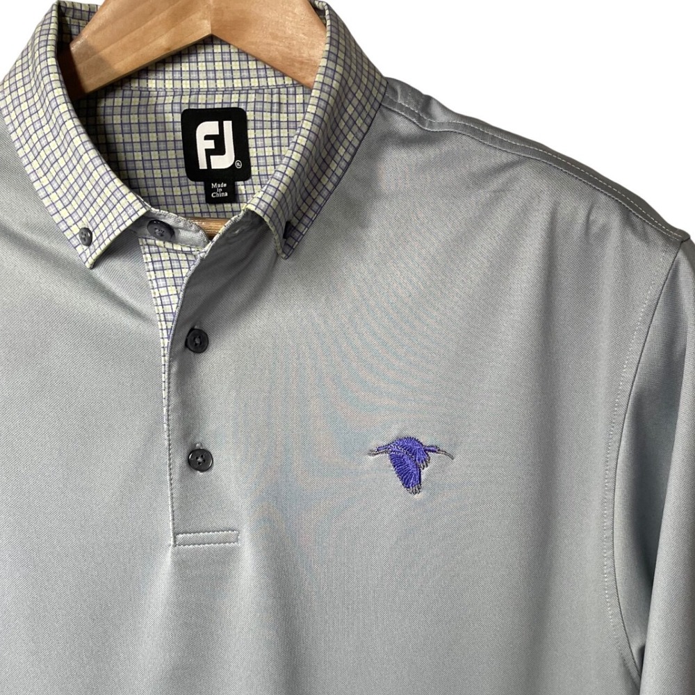 FootJoy Men XL Gray Golf Polo Shirt Plaid Trim Button Collar Ibis Secession Club